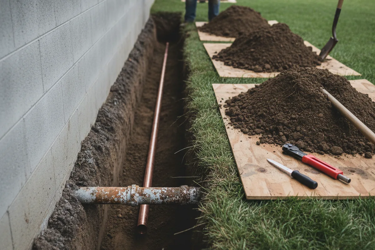 Excavated water line trench during Water Softener Installation in Park City